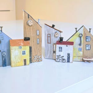 Small Wood Houses SET, Wooden village, Recycled wood houses, Rustic Wood Cottages, Housewarming gift, Miniature cityscape, Old town