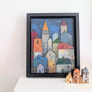 Original Hand Painted Art, 8x10 acrylic on  canvas, landscape painting, cityscape, colorful houses, old town, architecture painting