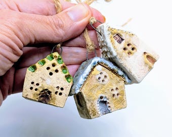 Handmade Pottery Houses, Miniature House 4-Set, Small Clay Houses, Whimsical Buildings, Little Ceramic Cottages, Aquarium Decor