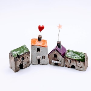 Miniature Pottery House 4-Set: Tiny Ceramic Village, Terrarium Garden Houses, Model Train Buildings