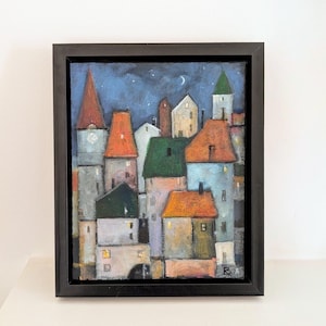 Paesaggio urbano dipinto a mano originale: case colorate, acrilico su tela