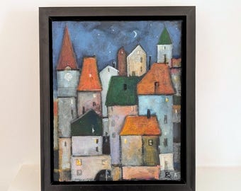 Original Hand-Painted Cityscape Art: Colorful Houses Hand-Painted Art, Acrylic on Canvas Painting, Modern Art for Living Room, Entryway.