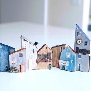 Small Wood Houses SET, Wooden village, Recycled wood houses, Rustic Wood Cottages, Housewarming gift, Miniature cityscape, Old town