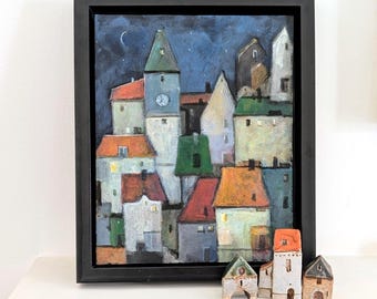 Original Cityscape Painting, Colorful Houses Hand-Painted Art, Houses on Canvas Painting, Modern Art for Living Room, Entryway, Dining Room