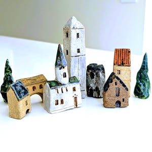 Miniature Houses 4-SET: Whimsical Home Decor, Little Pottery House, Fairy House Decor, Model Railroad Buildings
