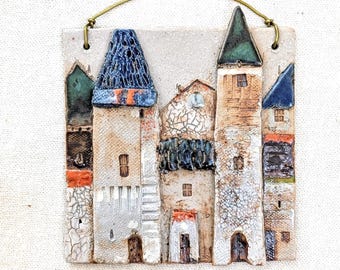 Pottery Wall Art, Handmade Tile, Wall Hanging, Ceramic House Plaque, Collectible sculpture, Housewarming gift
