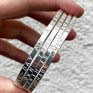 Custom Sterling Silver Hand Stamped Bangle - Personalised Quote Bracelet
