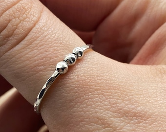 Anxiety Ring for Stress Relief - Sterling Silver Hammered Fidget Ring with Beads - ADHD Jewellery Gift
