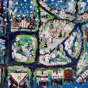 Winter on the Green / Amherst, NH  8x10 Giclee print made from original acrylic folk art painting