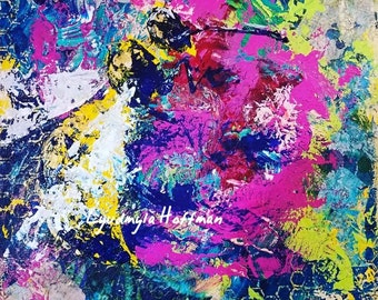 Abeja de miel firmada impresión de medios mixtos originales, 5x7, 8x10 o 11x14