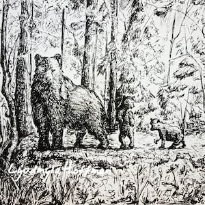Mama Bear with Cubs 8x10 OR 11x14 archival Giclee print: wildlife nursery and home wall art decor