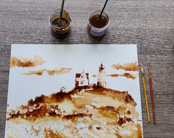Nubble Lighthouse, York Maine in coffee, Giclee print 8x10