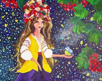 Starlit Friends, Ukrainian wall art, Giclee print 8x10 from acrylic painting