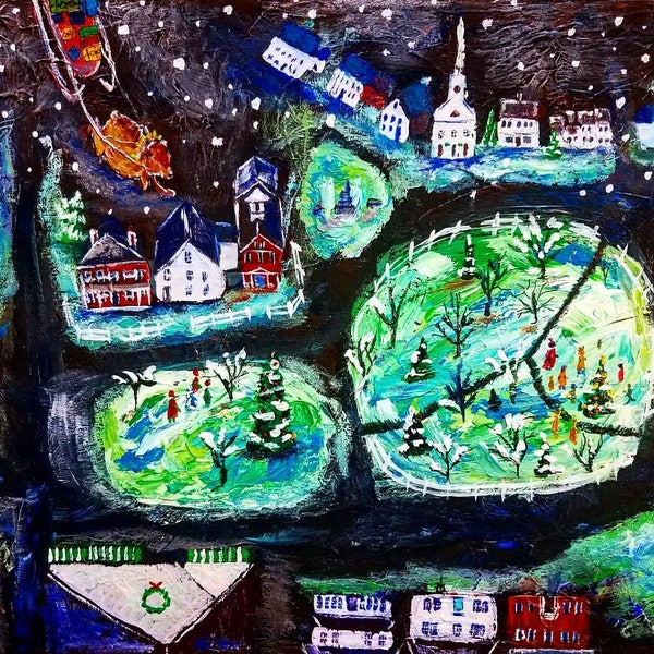 Amherst Village tree lighting ceremony, 8x10 Giclee print made from original acrylic folk art painting