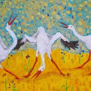 Dancing Storks, Ukrainian wall art, Giclee print 10&#39;&#39;x20&#39;&#39; from acrylic painting