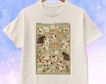 Camiseta unisex Cat Ukiyoe Japanese Old Art - Blanco / Gris / Natural