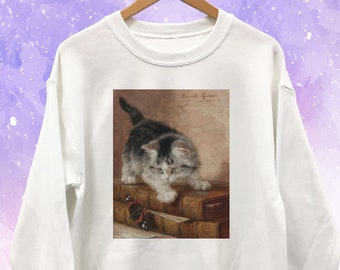 Cat and Butterfly Vintage Style Sweatshirt Unisex - Henriette Ronner-Knip Art