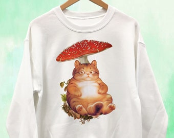 Mollige Katze ruht auf Pilz Sweatshirt Unisex