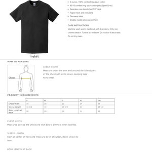 May include: A black t-shirt with a crew neck. The image includes product measurements for chest width, sleeve length, and body length at back in inches. Care instructions are also provided.