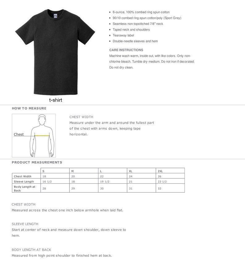 May include: A black t-shirt with a crew neck. The image includes product measurements for chest width, sleeve length, and body length at back in inches. Care instructions are also provided.