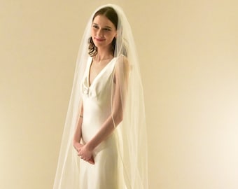 Sheer Cathedral Wedding Veil: Satin Cord Ribbon Edge, 108" Long