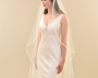 Floor Length Angel Cut Veil with Satin Trim | Waltz Length Waterfall Veil | Cascading Veil | Long Wedding Veil | Veil Wedding