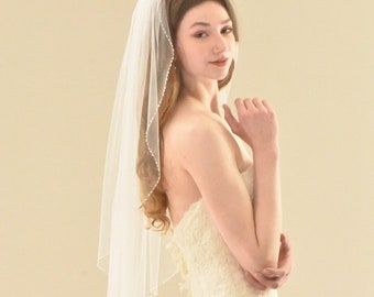 Waterfall Hip Length Veil with Beaded Edge | Mid Length Veil | Simple Beaded Veil