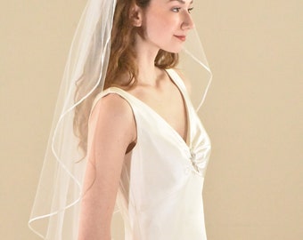 Hip Length Wedding Veil: Thin Satin Ribbon Edge, Classic Cut