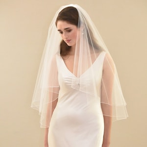 Elbow Length Two Tier Wedding Veil: Circle Cut Pencil Edge, Blusher