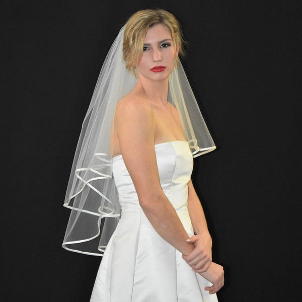 Two Tier Elbow Veil | 2 Tier Satin Edge Veil | Elbow Veil with Blusher | Ivory Veil | Circle Veil | Wedding Veil | 2 Layer Veil | Veil