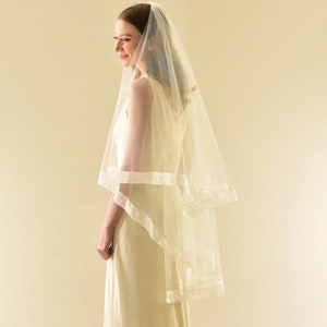 Two Tier Fingertip Wedding Veil: Organza Ribbon Trim, Blusher