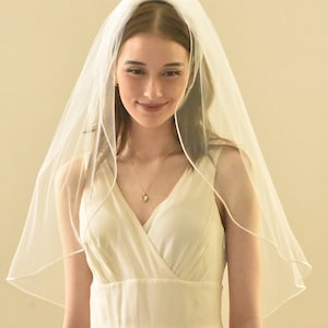 Classic Mid Length Veil with Cord Ribbon Edge | Fingertip Veil | Fingertip Length Satin Cord Veil | Satin Trim Veil