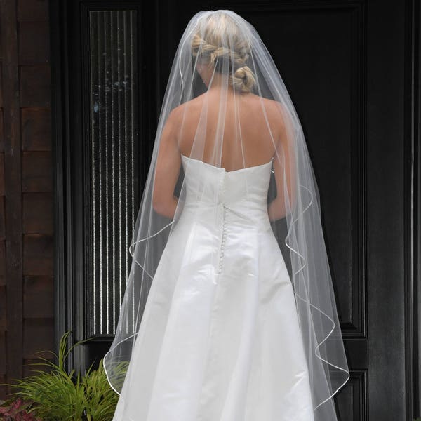 Angel Cut Floor Length Veil with Satin Cord Ribbon Trim | Waterfall Cathedral Veil | Satin Cord Ribbon Chapel Veil | Cascading Veil