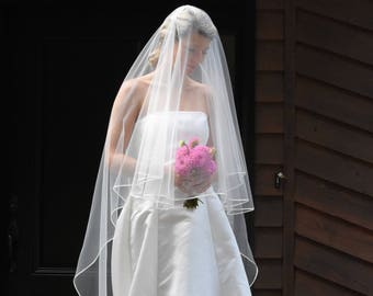 Two-Tier Floor Length Bridal Veil: Satin Ribbon Edge, Metal Comb