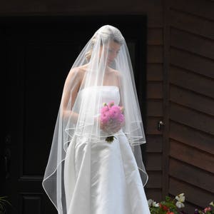 Two-Tier Floor Length Bridal Veil: Satin Ribbon Edge, Metal Comb