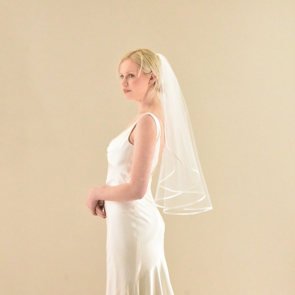 Classic Elbow Length Satin Veil | Satin Trim Elbow Veil | Elbow Length Veil | Mid Length Veil | Wedding Veil | Elegant Satin Ribbon Veil