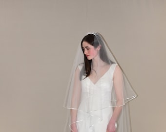 Two Tier Cathedral Veil: Satin Cord Trim, Blusher, 108" Length