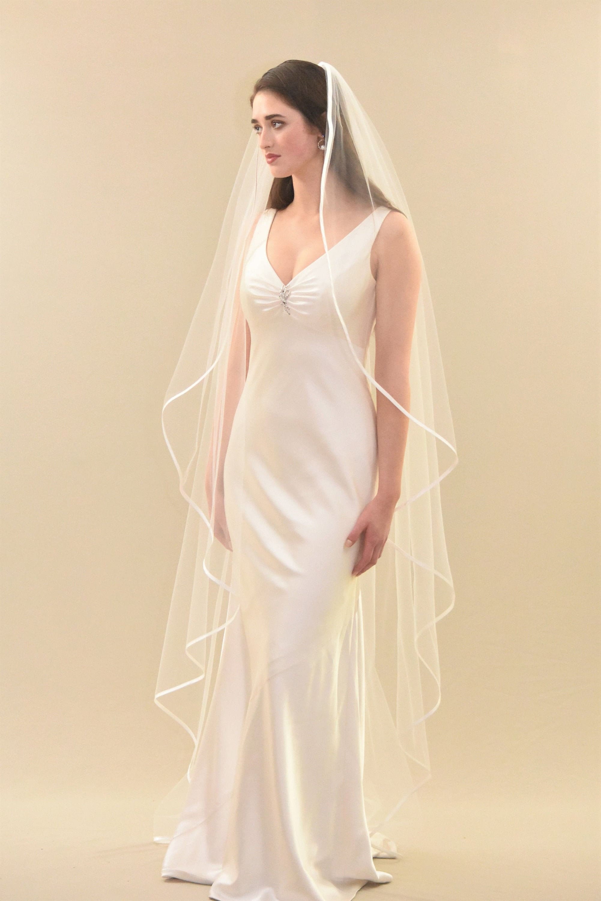 Floor Length Angel Cut Veil With Satin 