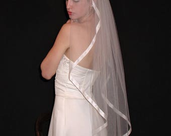 Fingertip Veil with Wide Satin Ribbon | Classic Ribbon Veil | Wedding Veil with Satin Trim | Ribbon Edge Veil | Fingertip Length Satin Veil