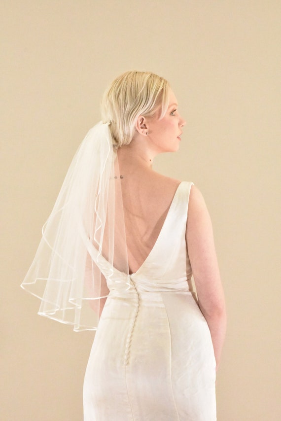 Shoulder Length Wedding Veil: Thin Satin Ribbon Trim, Metal Comb