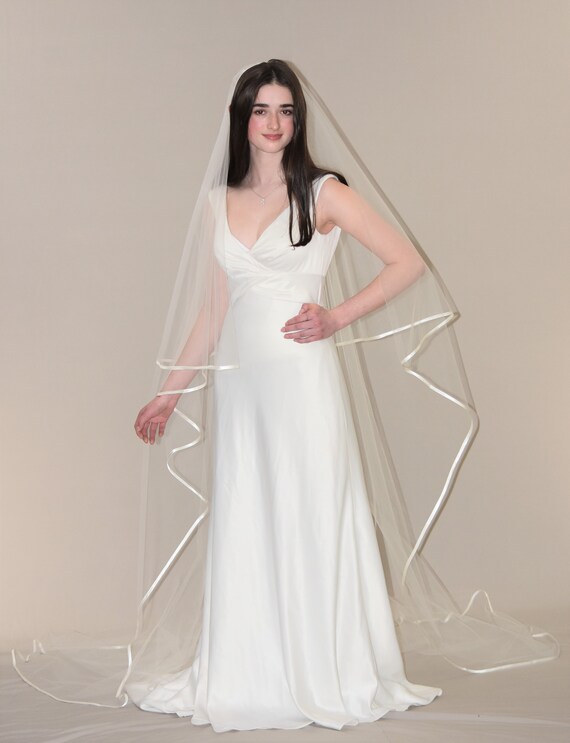 Satin Ribbon Bridal Veil, Long Cathedral, Wedding Veil, Satin Veil