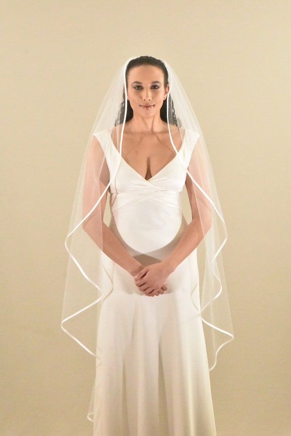 Etsy Diamond white waltz length veil with satin trim Waltz Length Wedding Veil: Angel Cut With Satin Trim - Etsy  main image 4