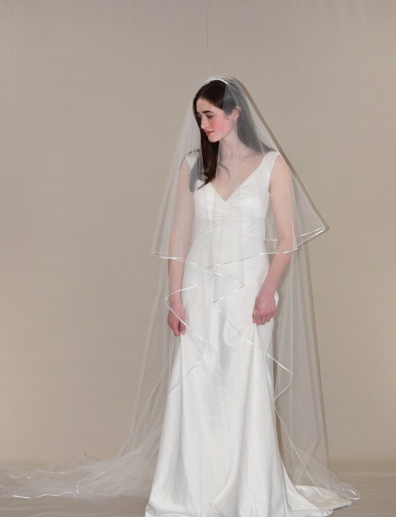 Two Tier Cathedral Veil: Satin Cord Trim, Blusher, 108  display picture 2