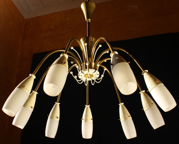 Spider Chandelier 1 Of 2 Sputnik Ceiling Lamp Gold White 1950s Mid Century Brass Plated Opal Glass 9 Lights German Hollywood Regency
