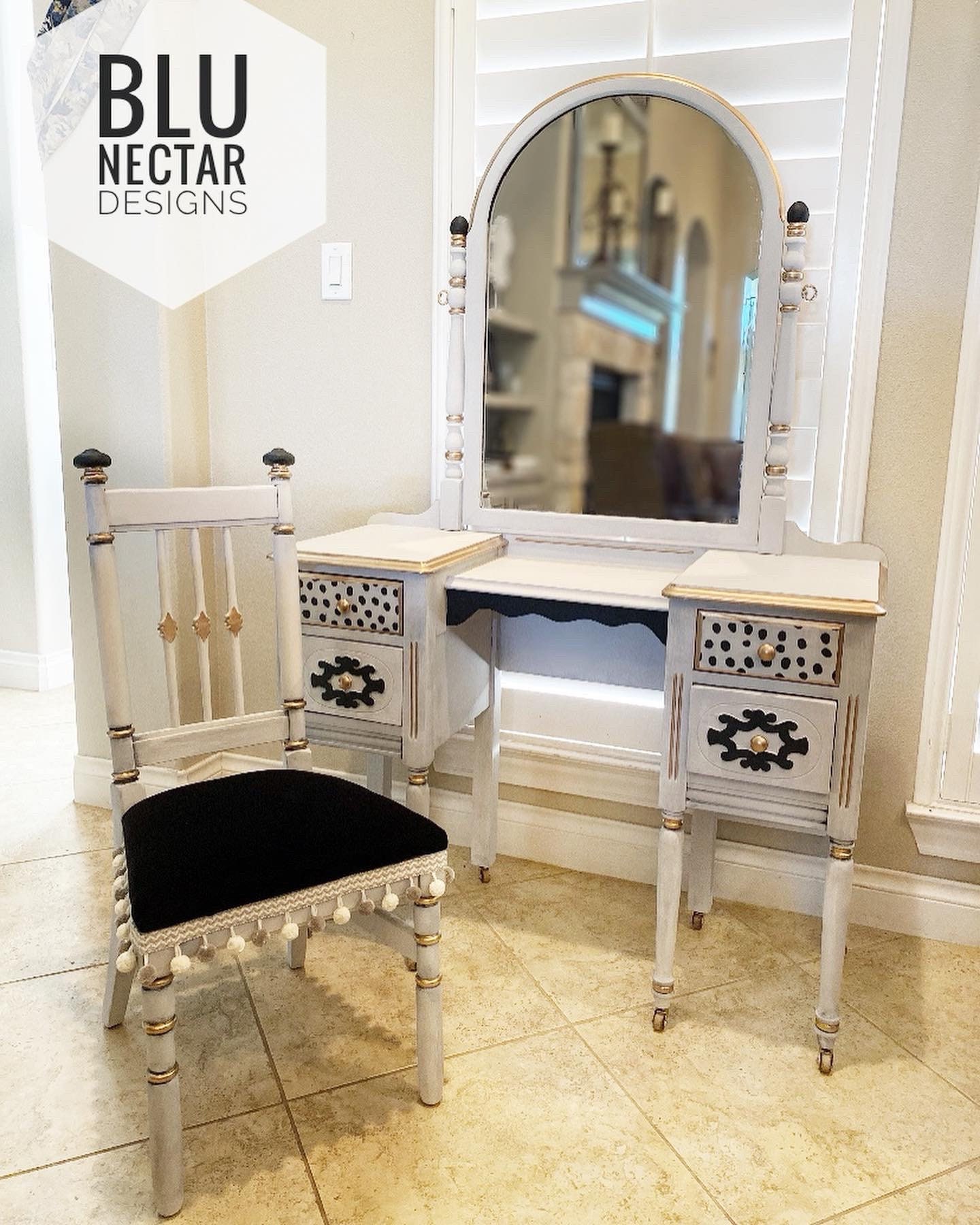 Vanity and Chair Hand painted in BlAck Gray and metallic Gold Etsy