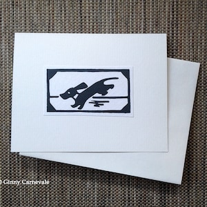 Dachshund Dog Jumping, Carte de vœux vierge, Imprimé à la main Original Fabriqué à la main Noir - White Linocut Relief Print Card, gravure