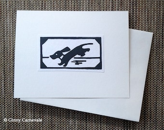 Dachshund Dog Jumping, Blank Greeting Card, Hand-printed Original Hand-made Black & White Linocut Relief Print Card, printmaking