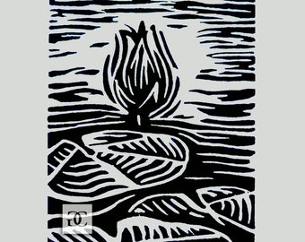 Water Lily, Original Mini Black & White Linocut Relief Print, Hand-printed Water Lily plant art print, Limited Edition Printmaking
