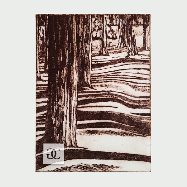 Linear Forest: Original, Limited Edition, Hand-made, Brown & White, Drypoint Etching Intaglio Print