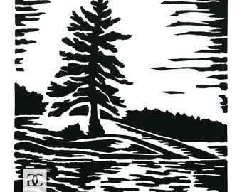 Clear Lake 1, Original Black & White Linocut Relief Print, Hand-printed Muskoka Lake Water Forest Art Print, Limited Edition Printmaking